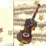 Violin Card  $6  Artist paper, torn music manuscript, gold stamping  Decorated envelope